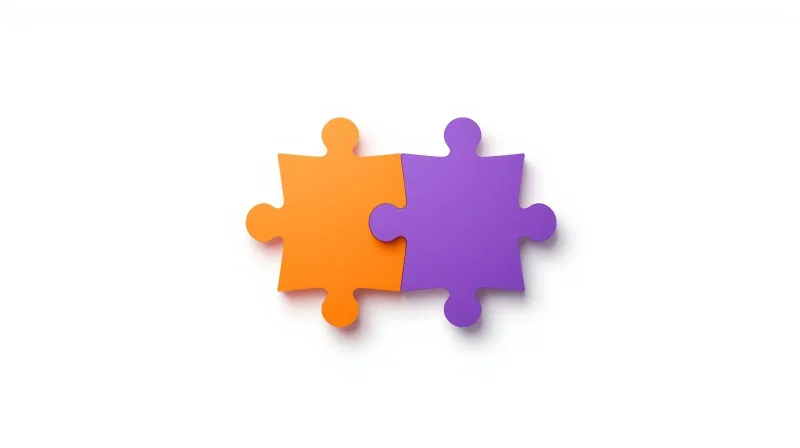 Two puzzle pieces fitting perfectly together in purple and orange representing the native integration between WooCommerce and Sensei LMS