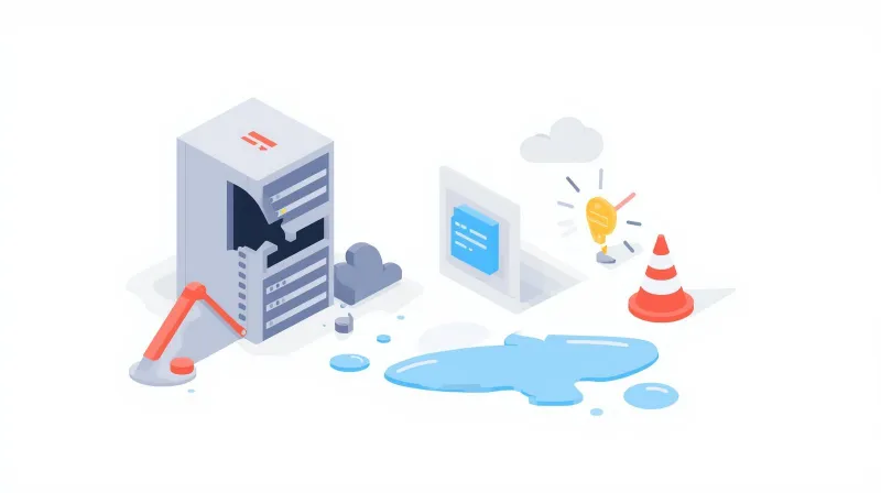 Failed server with warning signs and pooling water illustrating reactive monitoring that only catches problems after damage occurs