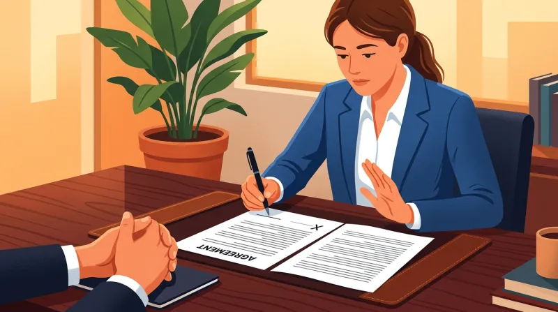 A person pausing before signing a contract, pen hovering above the signature line with a cautious expression, while a vendor waits across the desk with clasped hands