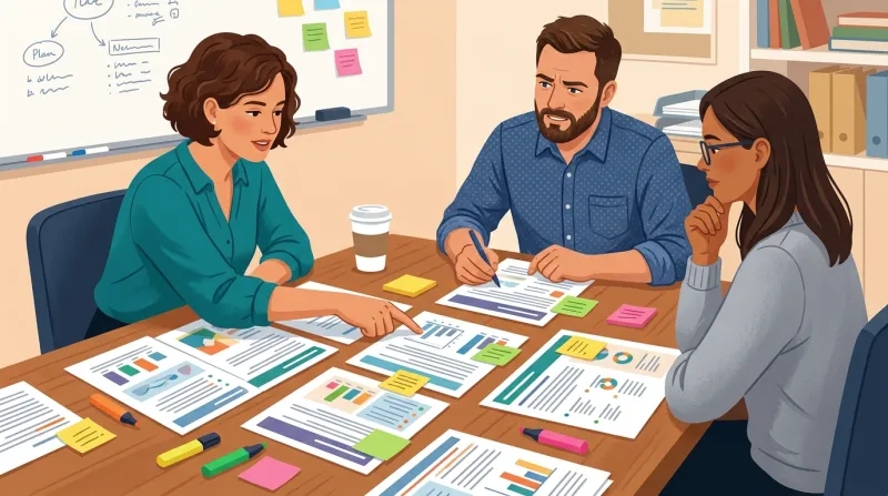 A nonprofit team of three professionals comparing multiple printed proposals side by side at a conference table, using sticky notes and highlighters to evaluate pricing differences