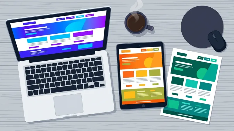 A web developer's desk viewed from above showing a laptop, tablet, and printed page all displaying the same website layout with different color schemes, revealing template-based work sold as custom design