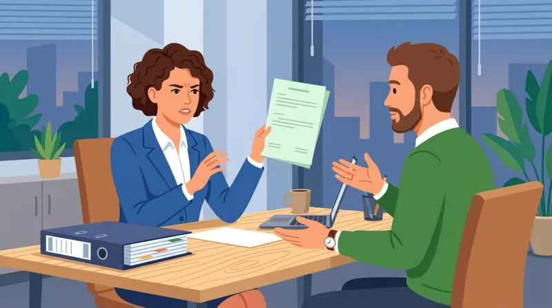 A business person looking confused while holding a thin proposal document across from a vendor gesturing vaguely, with a thick well-organized proposal binder sitting untouched nearby for contrast