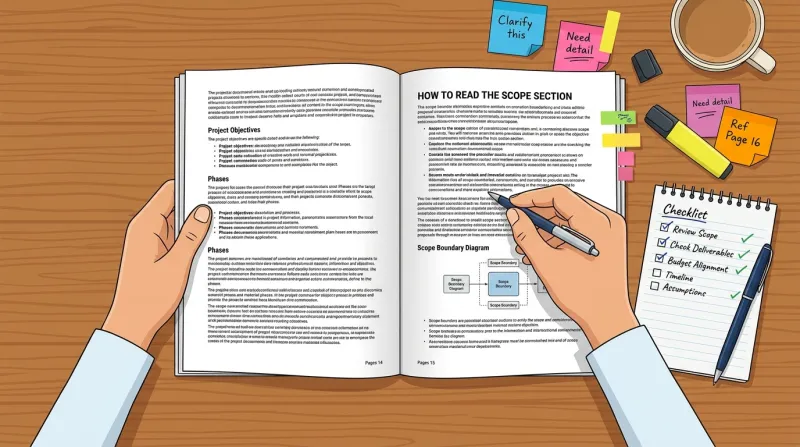Overhead view of hands reviewing a detailed website proposal document with a checklist notepad and highlighter on a wooden desk