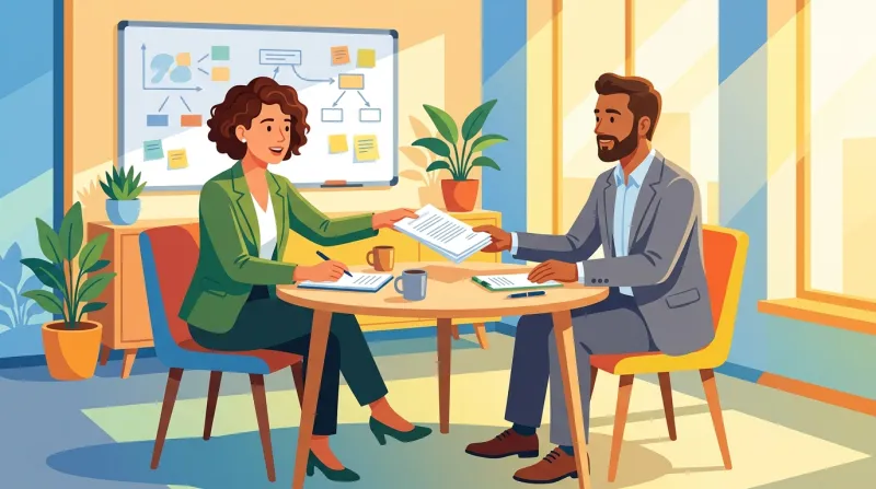 Two professionals discussing a website project budget across a meeting table in a bright conference room