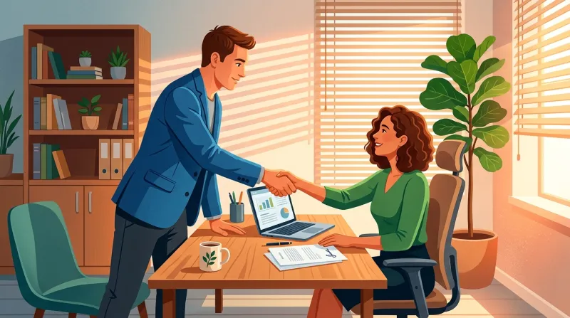 Two people shaking hands across a desk after successfully selecting a website vendor through the RFP process