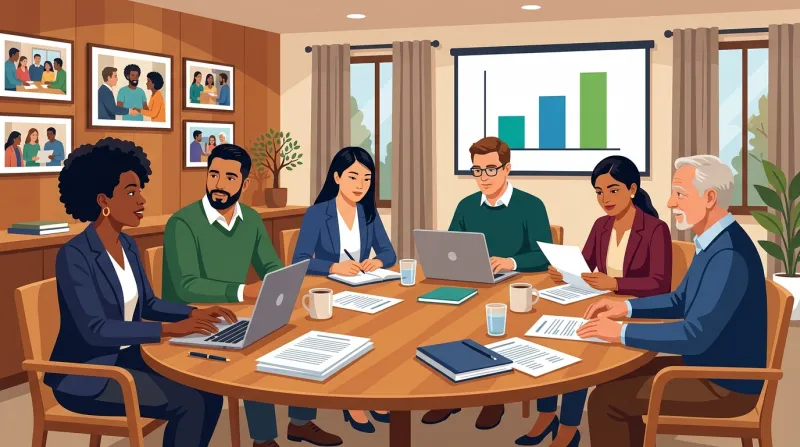 Nonprofit board members seated around an oval table discussing website proposals with laptops, documents, and a presentation screen