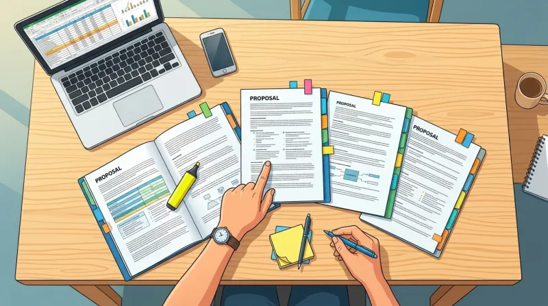 Top-down view of a workspace with multiple printed vendor proposals spread out side by side with colored tabs and a comparison spreadsheet on a laptop