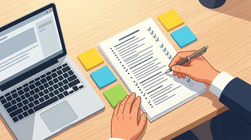Overhead view of a desk workspace with a detailed checklist document, sticky notes, and laptop showing careful project scope planning