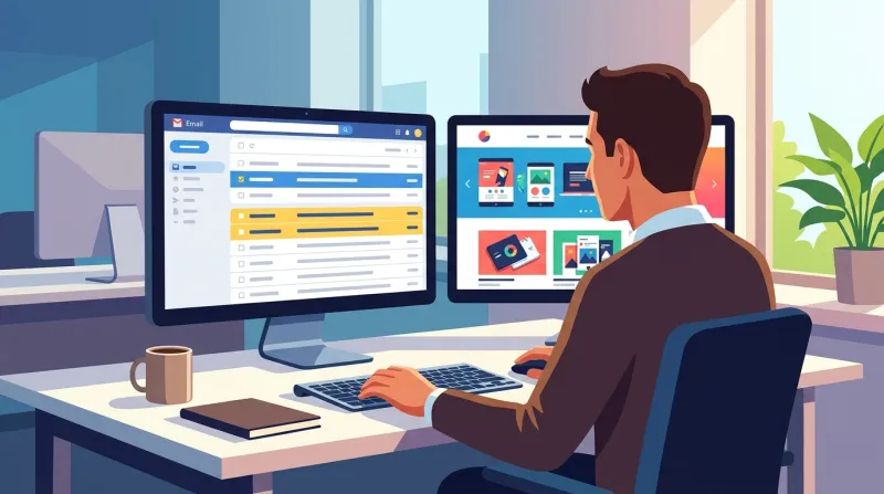 Web developer at their desk reviewing an email inbox while deciding which RFP submissions to respond to