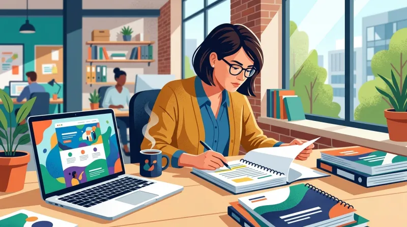 Web developer reviewing a printed RFP proposal at a desk with stacked proposals and a laptop showing a website design