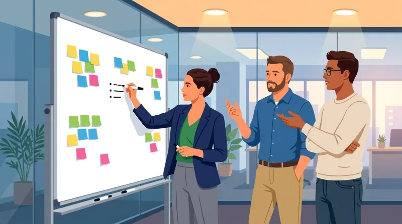 Team collaborating on website project scope at a whiteboard with sticky notes and bullet points