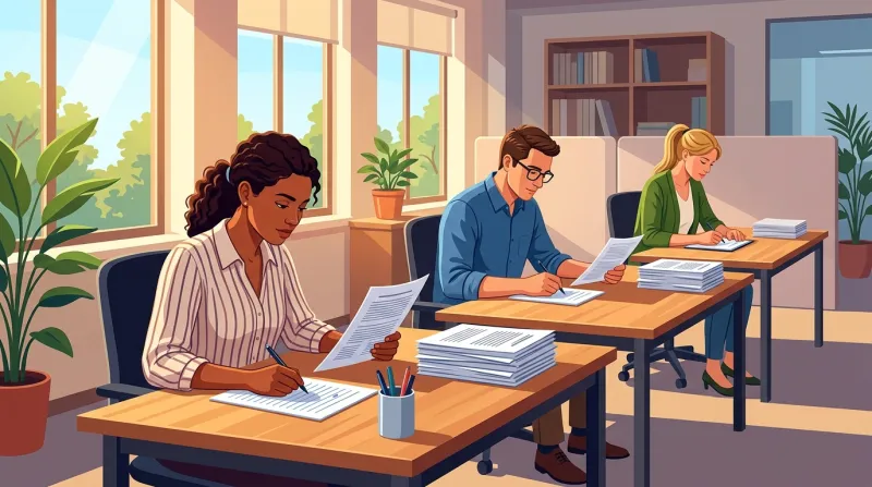 Three professionals scoring website proposals independently at separate desks in an open office