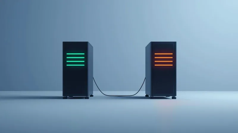 Two servers side by side with contrasting indicator lights, representing the configuration differences that cause problems after cloning a WordPress site