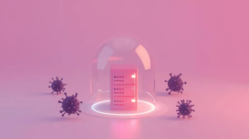 Server protected by transparent dome shield blocking virus threats, representing server-level malware protection