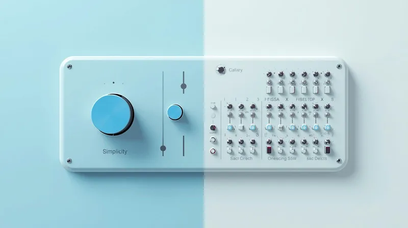 Visual contrast between a simple single-switch interface and a complex multi-control panel representing caching plugin approaches