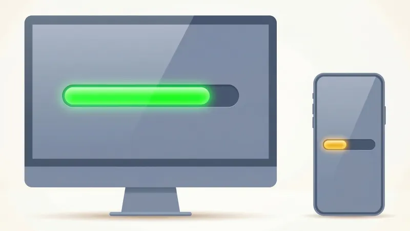 A desktop monitor and smartphone side by side displaying different page load speed indicators, illustrating WordPress loading time benchmarks across device types.