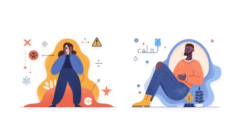 Stressed person surrounded by warning icons versus relaxed person with calm hosting environment