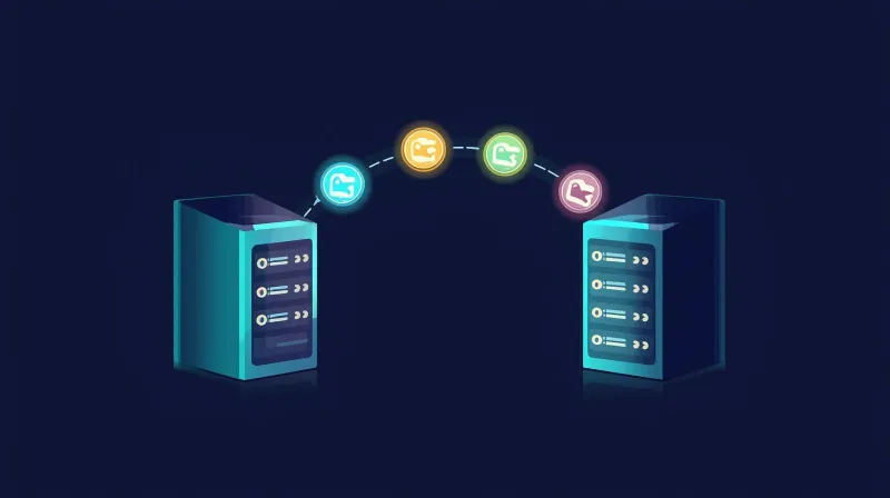 Files flowing smoothly between two servers illustrates the straightforward technical process of migrating WordPress sites to a new hosting provider.