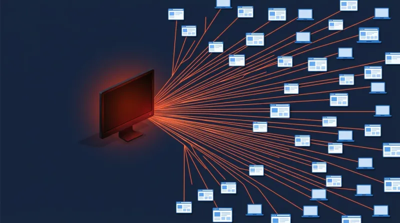 A single dark computer terminal connected by lines to many small website icons, representing a bot network targeting multiple WordPress sites at once