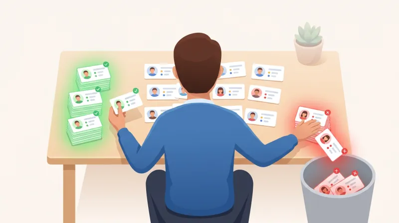 A person at a desk sorting through rows of user profile cards, moving fake accounts into a trash bin and keeping legitimate ones