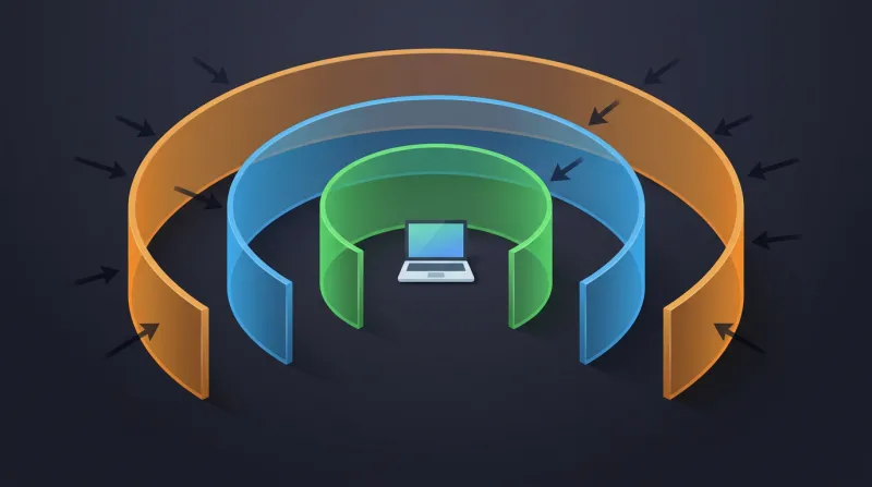 Three concentric translucent walls surrounding a small website, each wall a different color representing a different layer of spam registration defense