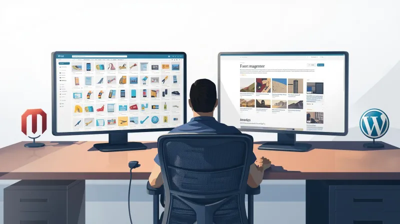 Two laptop screens showing an online store and a blog side by side, illustrating the Magento to WordPress content migration decision