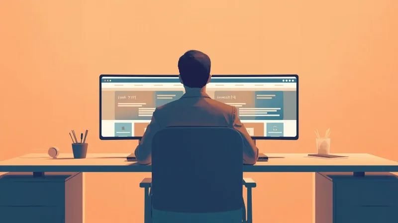 A developer workspace with two monitors showing identical website layouts, illustrating the staging process when you clone a WordPress site