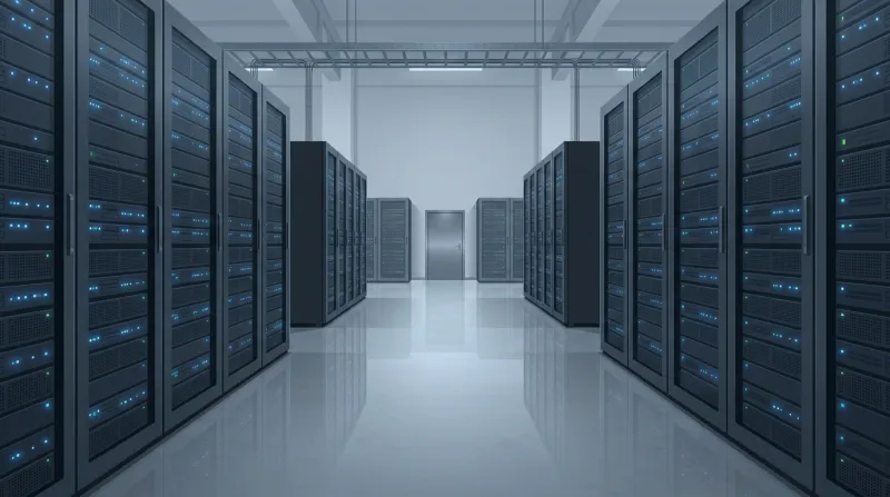 A modern clean server room with rows of server racks and ambient blue indicator lights, representing the production environment where staging changes are deployed