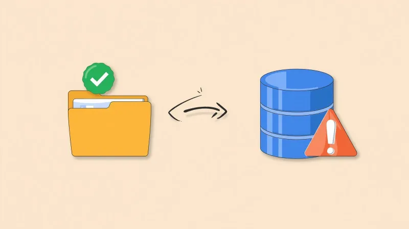 Diagram showing files moving from staging to production while the database decision requires careful consideration