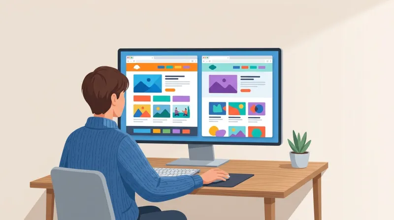 A developer reviewing two browser windows side by side on a large monitor, comparing a WordPress staging site against the live site after applying plugin updates
