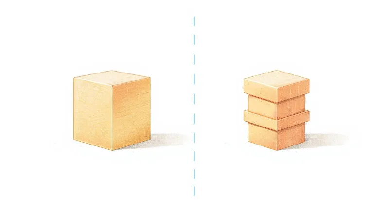 Single large block on one side versus three smaller interlocking blocks forming a stable structure on the other