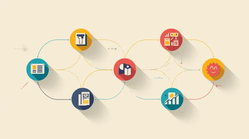 Connected workflow diagram showing SEO stages from research through content alignment to ongoing refinement