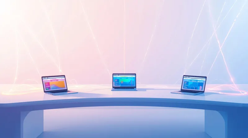 Multiple laptop screens showing different websites connected together, representing a successful nonprofit migration to independently owned WordPress websites.