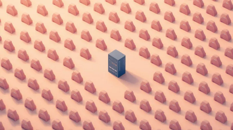 Lone server surrounded by endless rows of bots illustrating sustained DDoS attack pressure