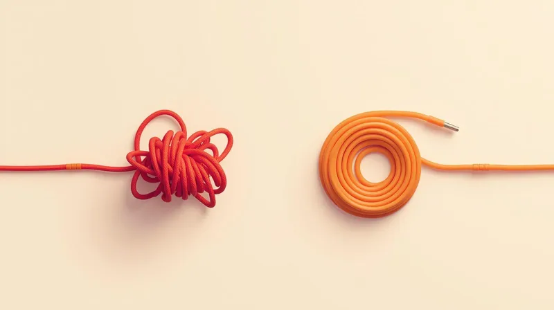 A tangled cord compared to a neatly coiled cord representing the complexity question in caching approaches