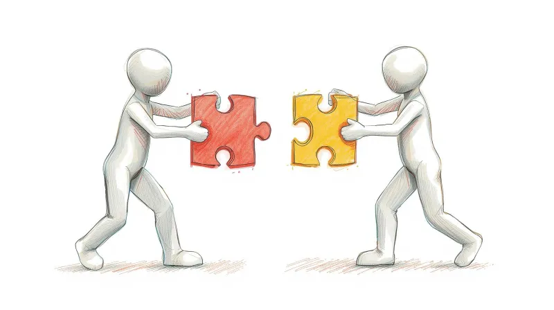 Two figures connecting puzzle pieces representing team augmentation partnership in WordPress development