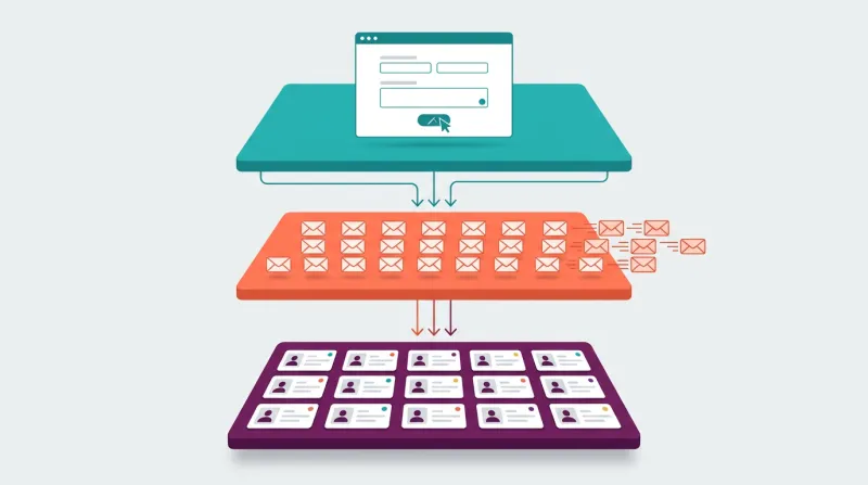 Three horizontal platform layers showing WordPress capture forms feeding into an email platform sending messages, connected to a CRM database of supporter records