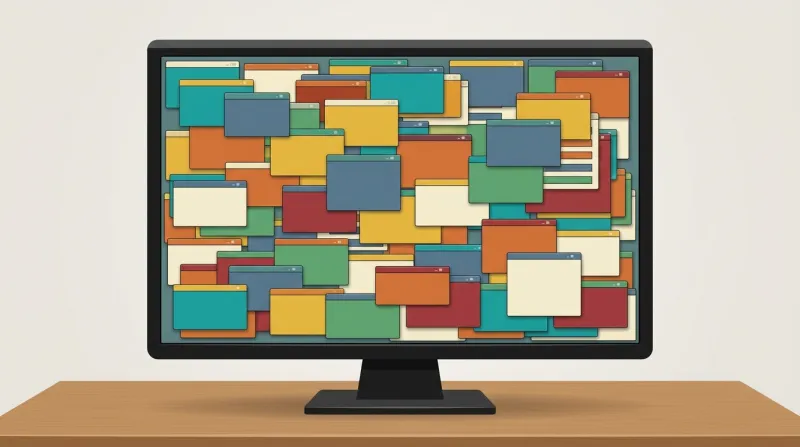 A computer screen crowded with many small overlapping application windows, representing plugin and add-on bloat