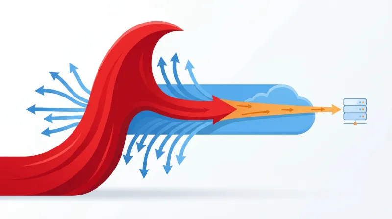A hosting infrastructure diagram showing a traffic spike being absorbed by edge caching with only donation requests reaching the origin server