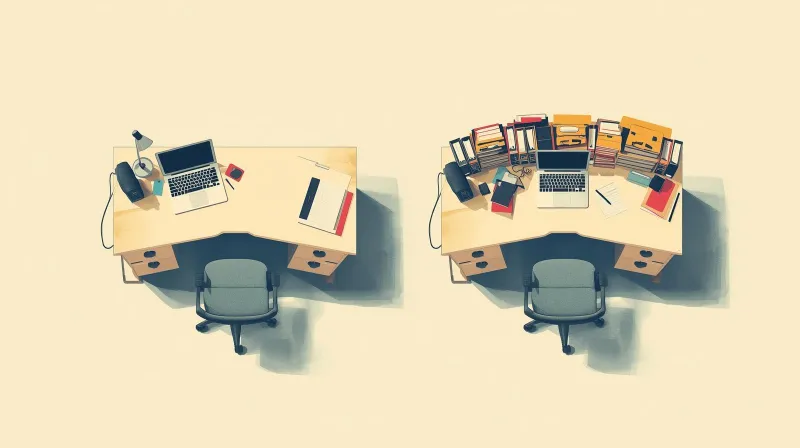 Two office desks viewed from above comparing simple and complex setups representing different association LMS requirements versus consumer course platforms