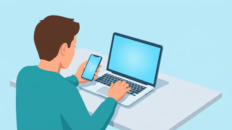 A person logging in to a website on a laptop while holding a smartphone showing a login code