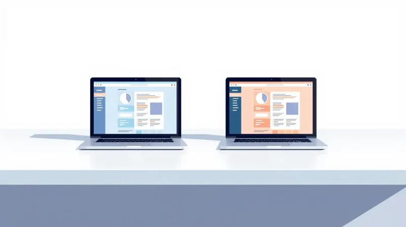Two laptops placed side by side on a clean desk showing different website interfaces, representing the direct comparison between Gravity Forms and its strongest alternative, Fluent Forms