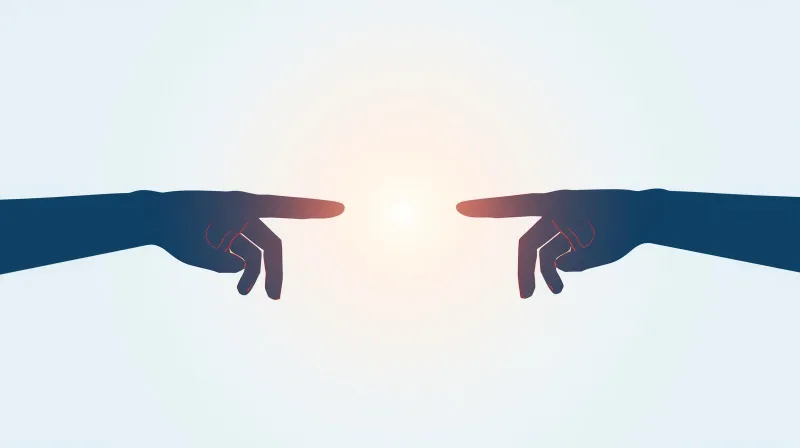 Two hands connecting over a website icon, representing a unified WordPress care and support partnership