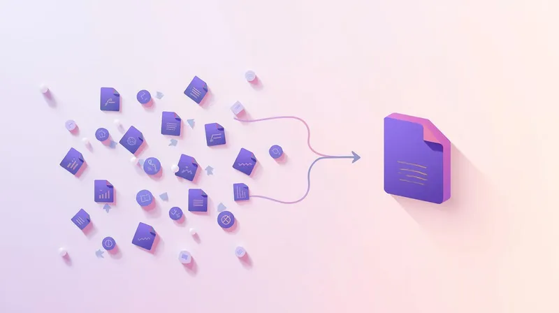 Multiple scattered code file icons being consolidated and compressed into a streamlined single file