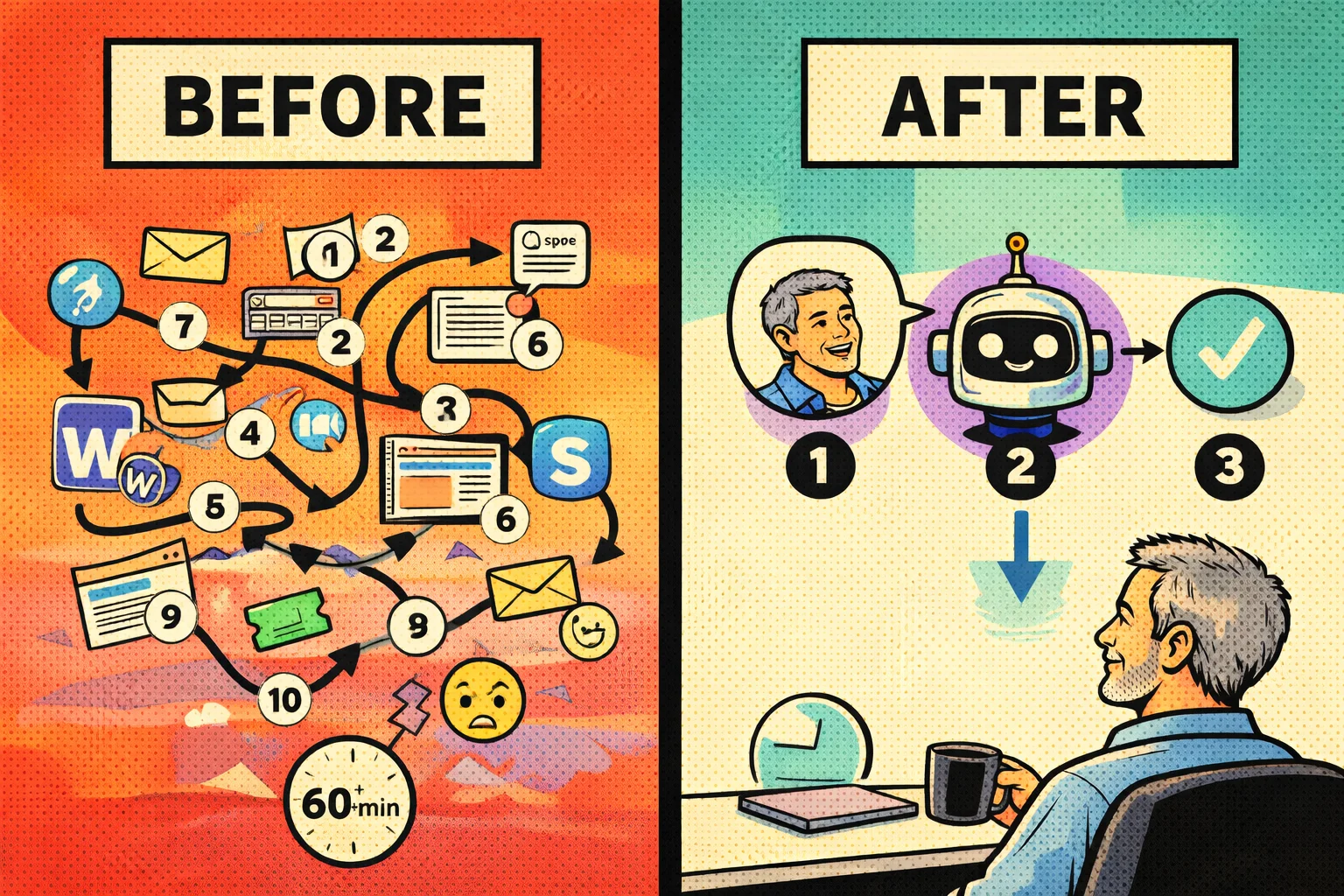 Before and after comparison: 12 chaotic steps vs one simple conversation