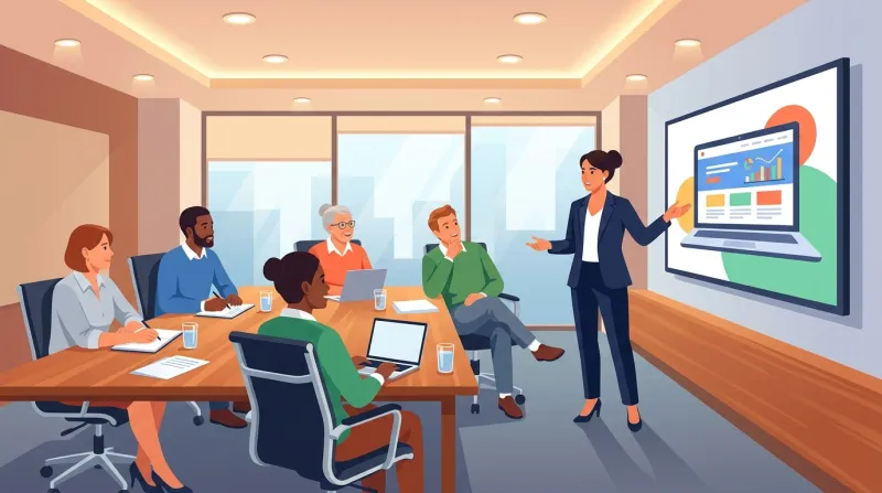 A web vendor presenting a website demo to a committee of five people in a modern boardroom