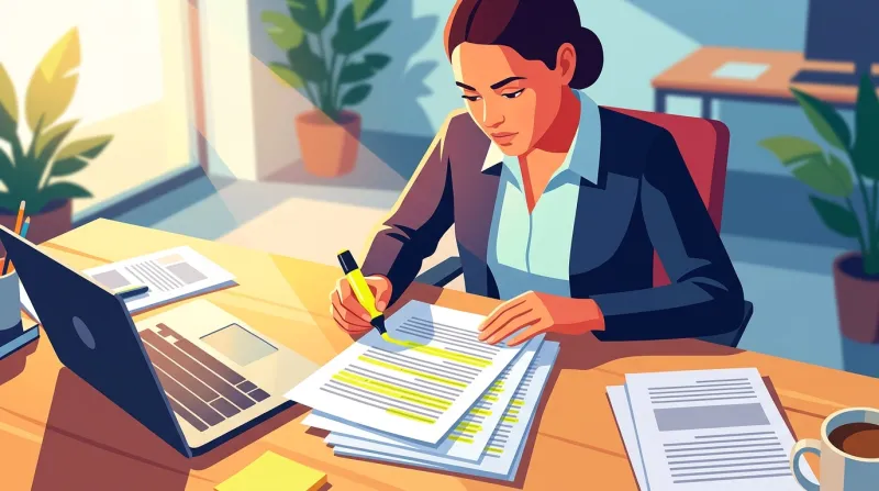 Vendor reviewing a website RFP document with highlighted sections at an office desk