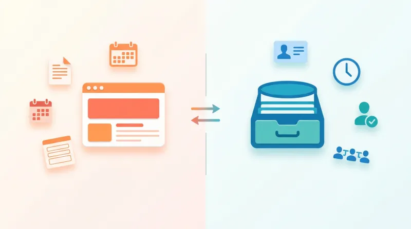 Split view showing content items flowing to WordPress on one side and relationship data flowing to a CRM on the other