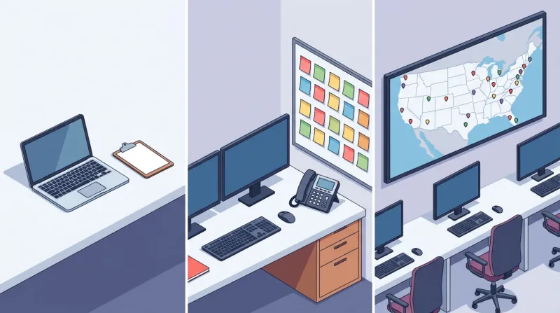 Three workspace scenes showing increasing scale of volunteer management from a single laptop to a full operations room