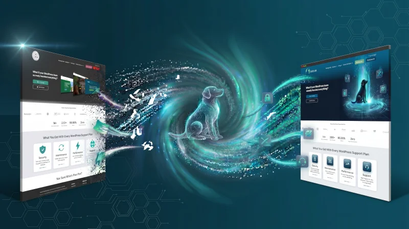 The FatLab website transforming from its old light-themed design into the new dark navy-and-teal design, with the new Labrador logo emerging from a swirl of particles